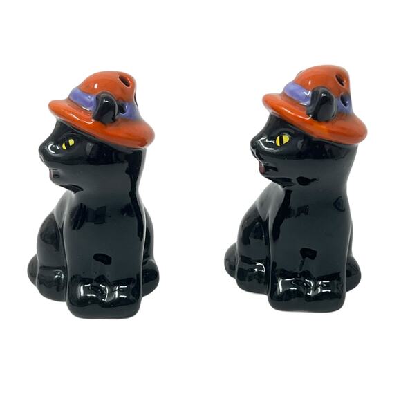 Halloween Black Cat with Orange Witch's Hat Salt and Pepper Set 2.5" x 1.75" NEW - Picture 5 of 8